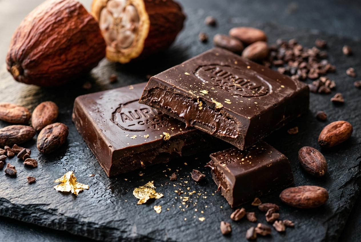 Artisanal dark chocolate bar broken in half with cacao pods and gold leaf